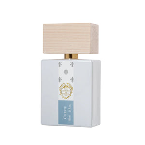 Bouteille du parfum Celeste Giardini di Toscana, design blanc avec étiquette bleue