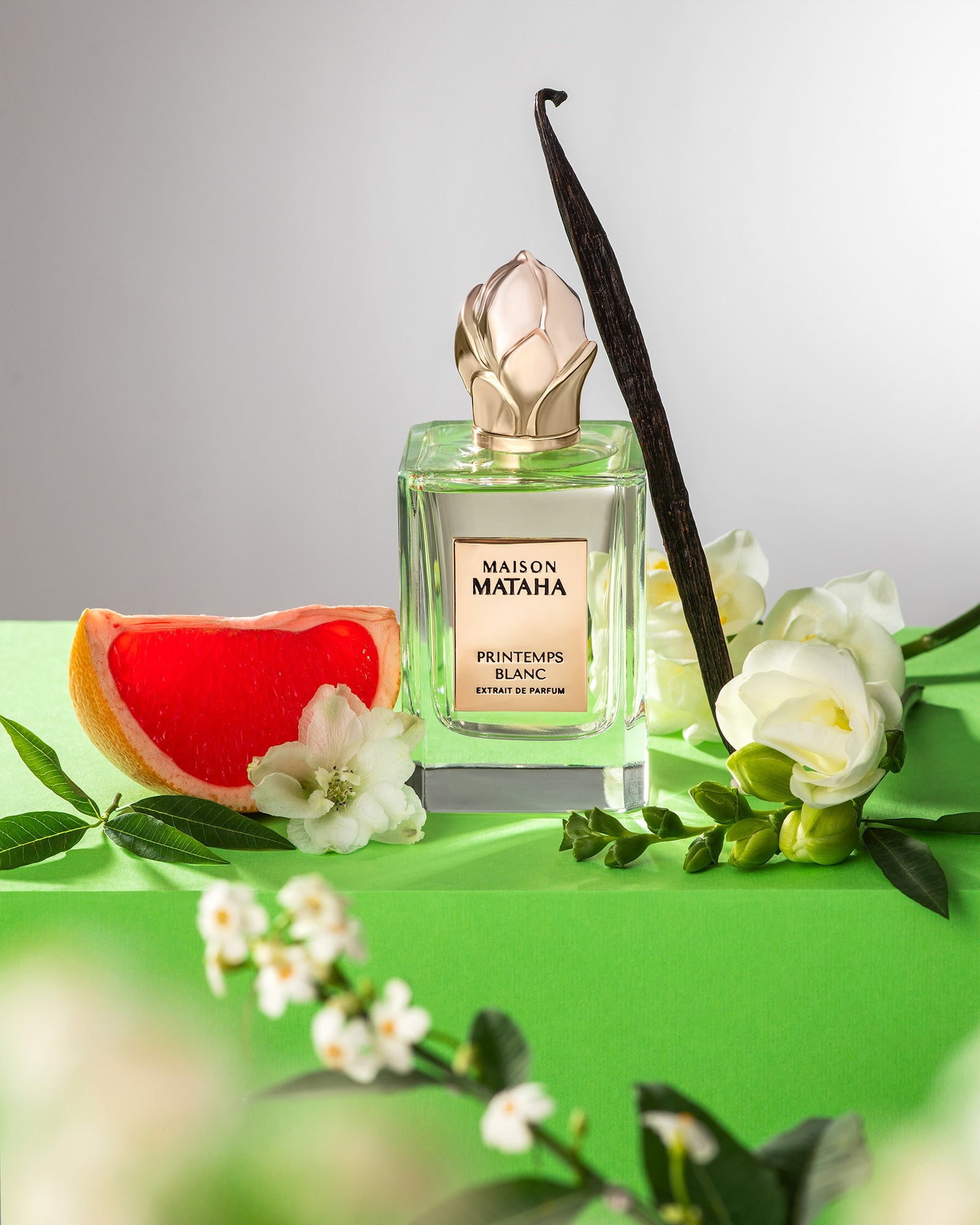 Bouteille du parfum Printemps Blanc de Maison Mataha entourée de pamplemousse, fleurs blanches et gousse de vanille, sur fond vert printanier