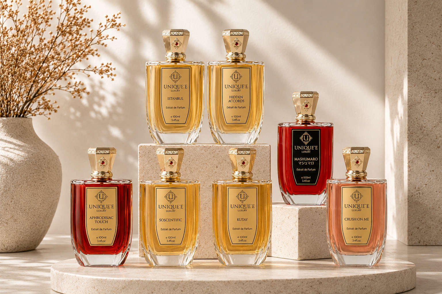 Collection de parfums Unique’e Luxury comprenant Istanbul, Hidden Accords, Mashumaro, Crush On Me, Kutay, Soscentific et Aphrodisiac Touch dans une mise en scène luxueuse et minimaliste.
