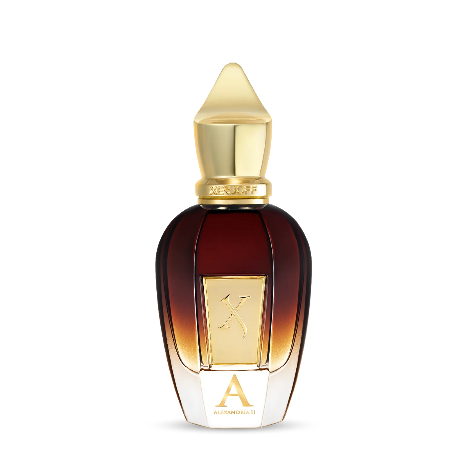 Flacon du parfum Alexandria II de Xerjoff, fragrance de niche oud ambrée sur fond blanc