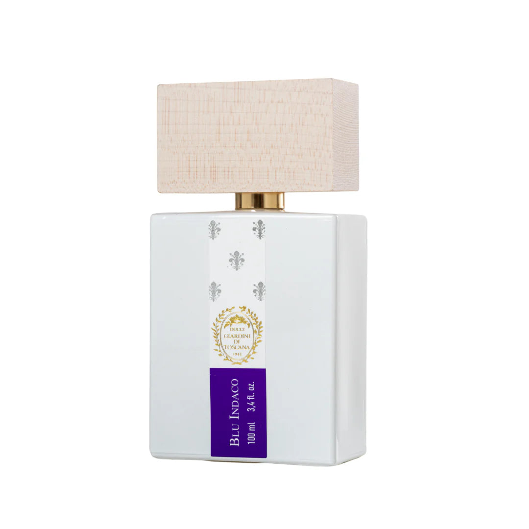 Bouteille du parfum Blue Indaco Giardini di Toscana au design blanc avec capot en bois