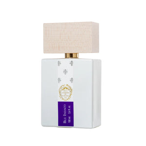 Bouteille du parfum Blue Indaco Giardini di Toscana au design blanc avec capot en bois