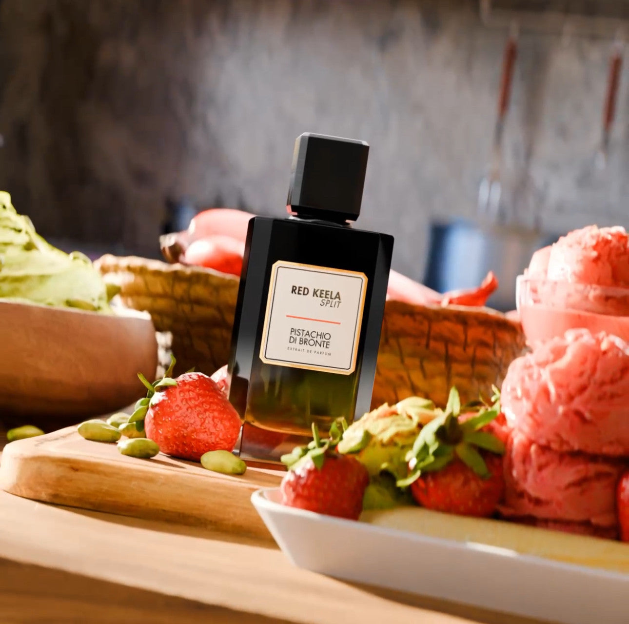 Parfum Red Keela Split de Fomowa Paris, extrait de parfum gourmand Pistachio di Bronte présenté avec fraises fraîches et glace pistache.