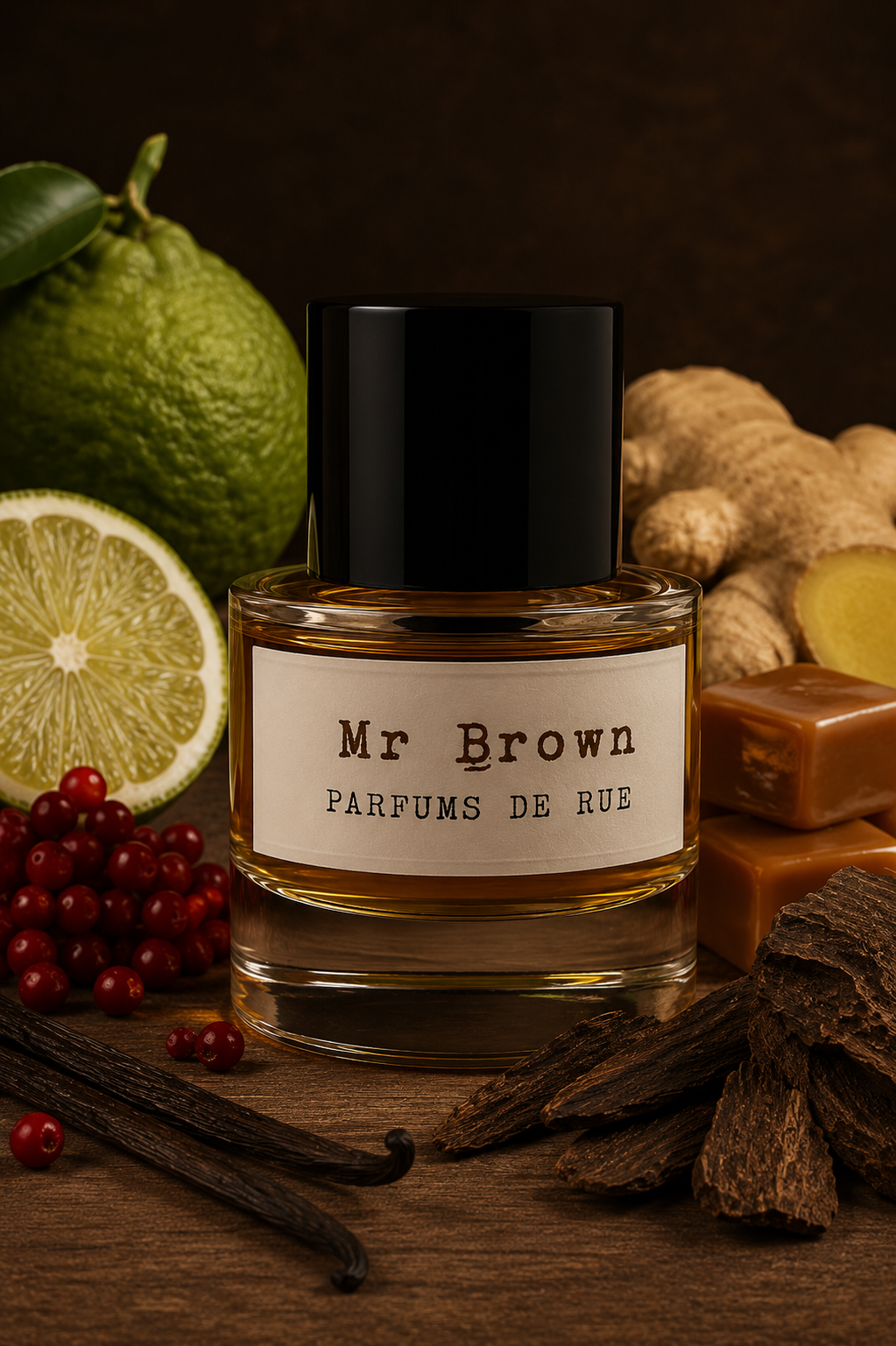 Mr Brown de Parfums de Rue, parfum gourmand au caramel, bergamote, fruits rouges, vanille et oud
