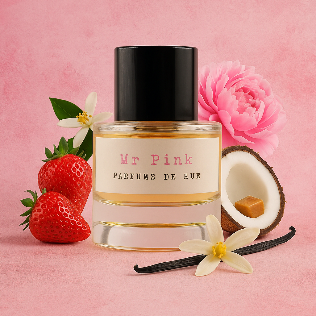 Flacon de parfum Mr Pink Parfums de Rue entouré de fraises, fleur d’oranger, rose, noix de coco, vanille et framboises, sur fond rose poudré.