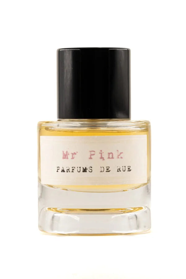 Flacon de parfum Mr Pink Parfums de Rue, extrait de parfum unisexe fruité floral gourmand, présenté sur fond blanc.