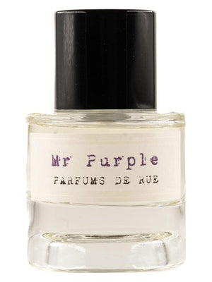 Flacon de parfum Mr Purple Parfums de Rue, extrait de parfum unisexe boisé oriental gourmand, présenté sur fond blanc.