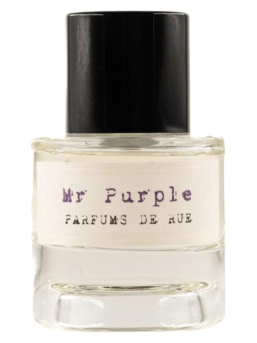 Flacon de parfum Mr Purple Parfums de Rue, extrait de parfum unisexe boisé oriental gourmand, présenté sur fond blanc.