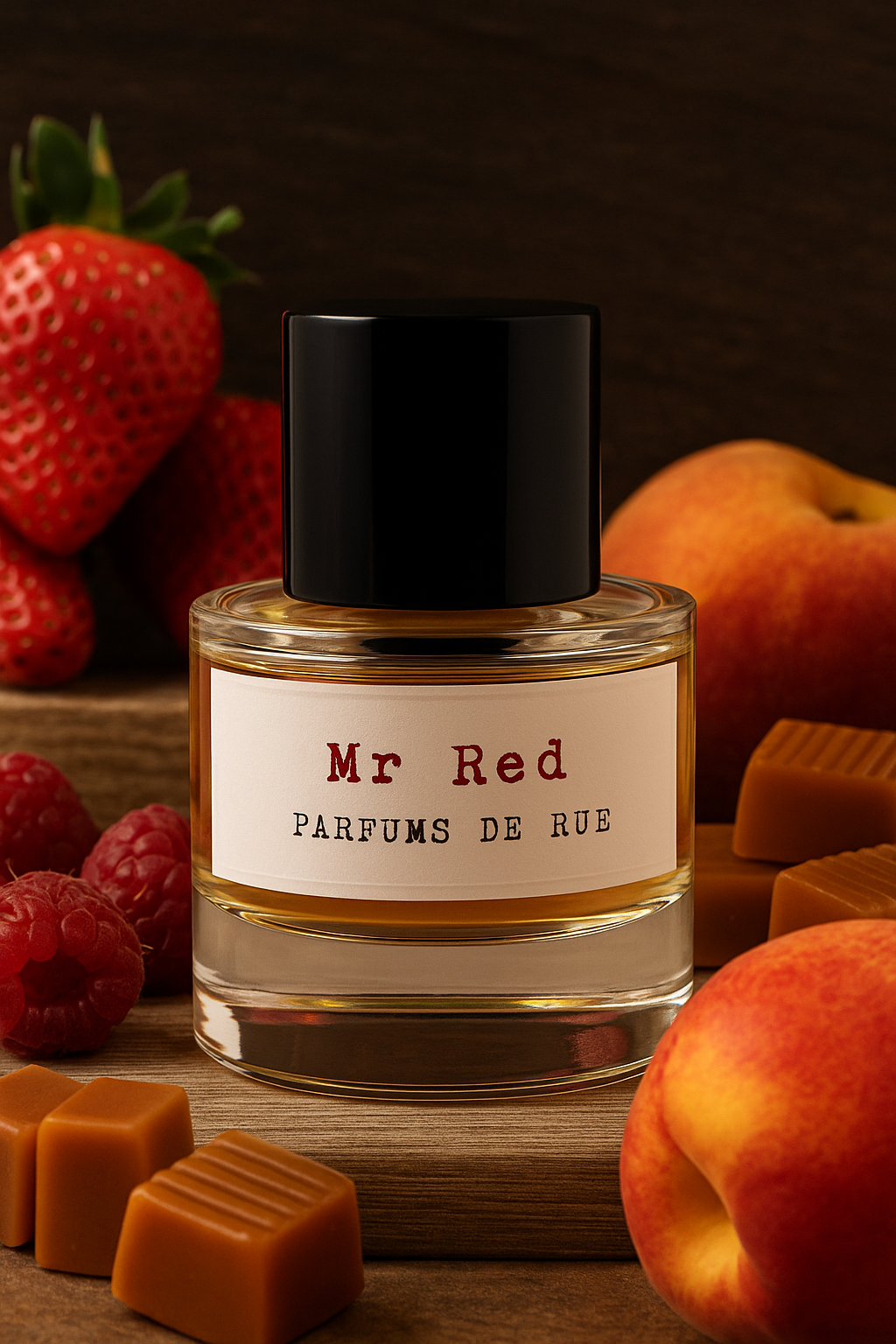 Flacon de parfum Mr Red Parfums de Rue avec fraises, framboises, pêche, caramel et bois d’oud, sur fond boisé chaleureux.
