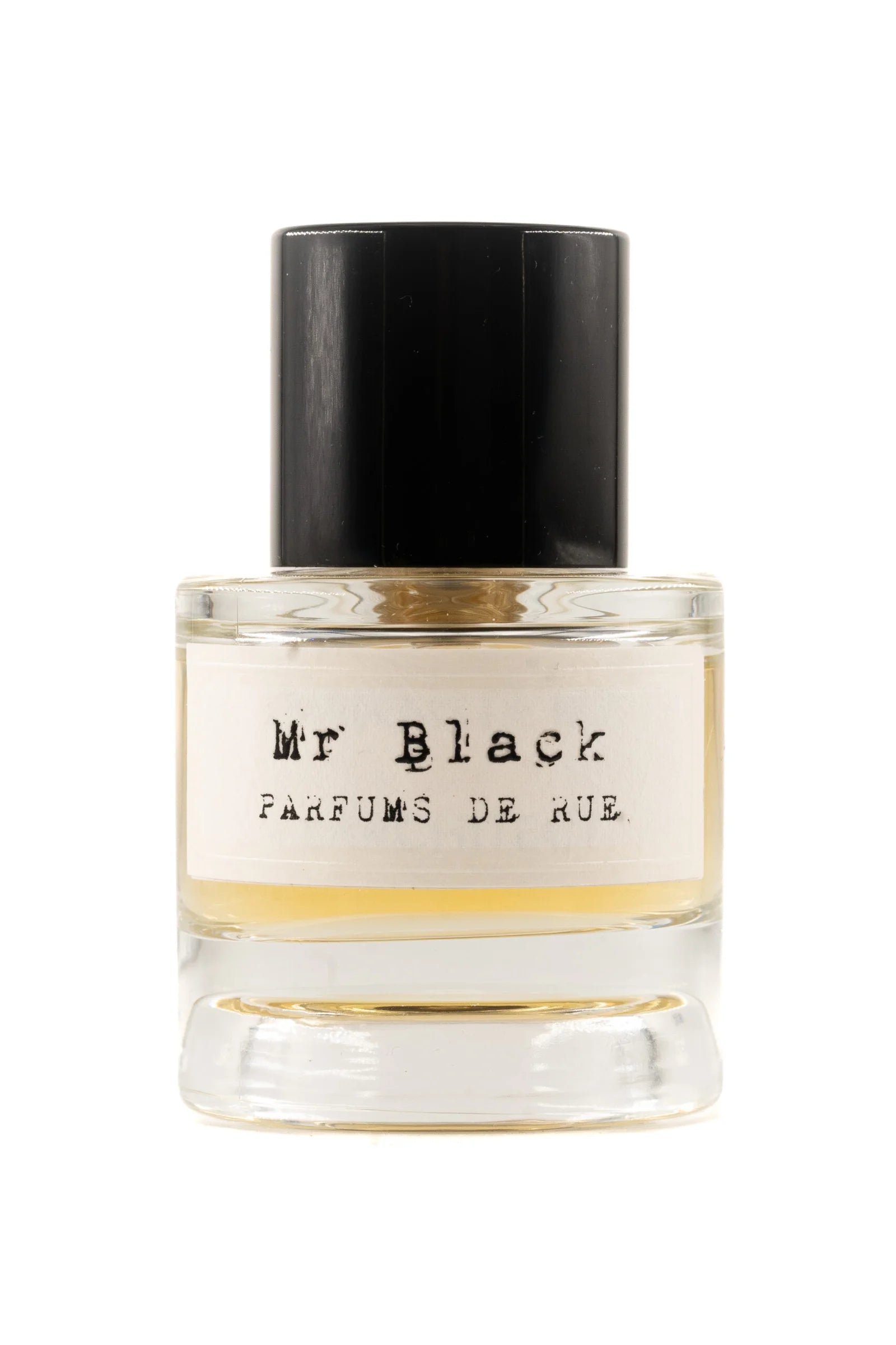 Flacon de parfum Mr Black de la marque Parfums de Rue, extrait de parfum unisexe sur fond blanc.