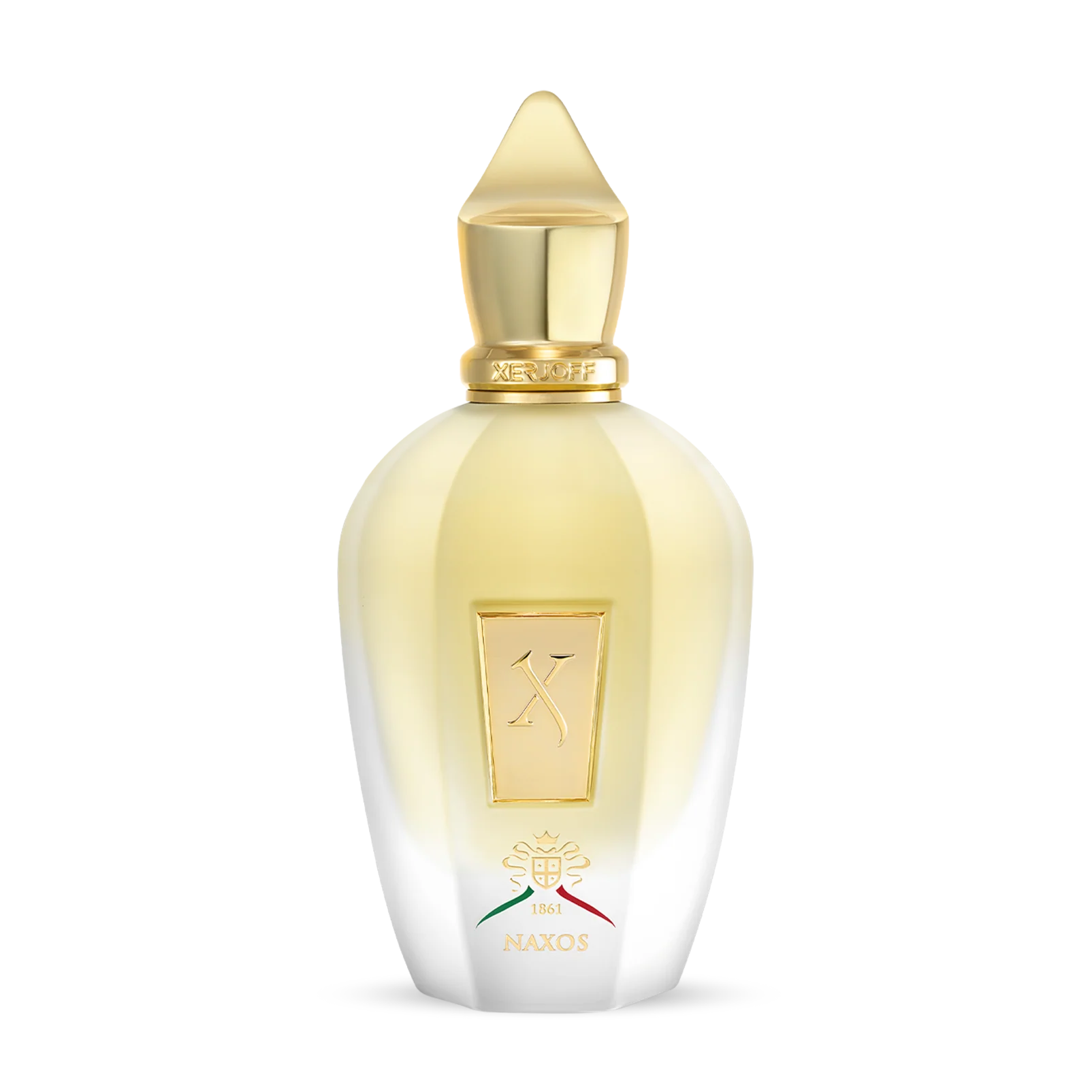Flacon du parfum Xerjoff Naxos, eau de parfum de niche italienne, reconnu pour son accord miel, tabac blond, lavande et vanille, présenté sur fond blanc.