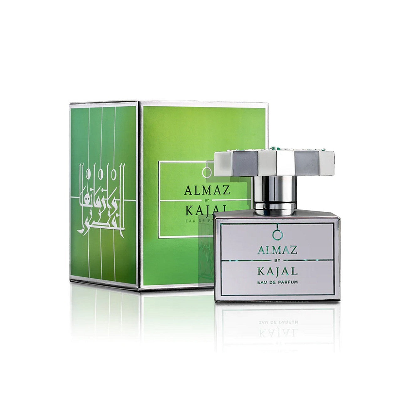 Bouteille Almaz by Kajal avec boîte verte élégante, ambiance luxe